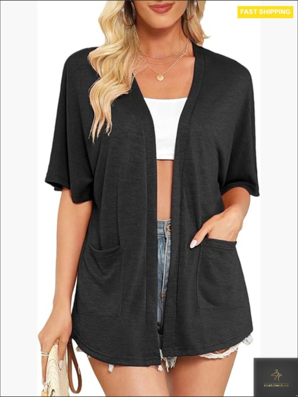 Short Sleeve Open Front Cardigan Lightweight Summer Knit Cover Up with Pockets